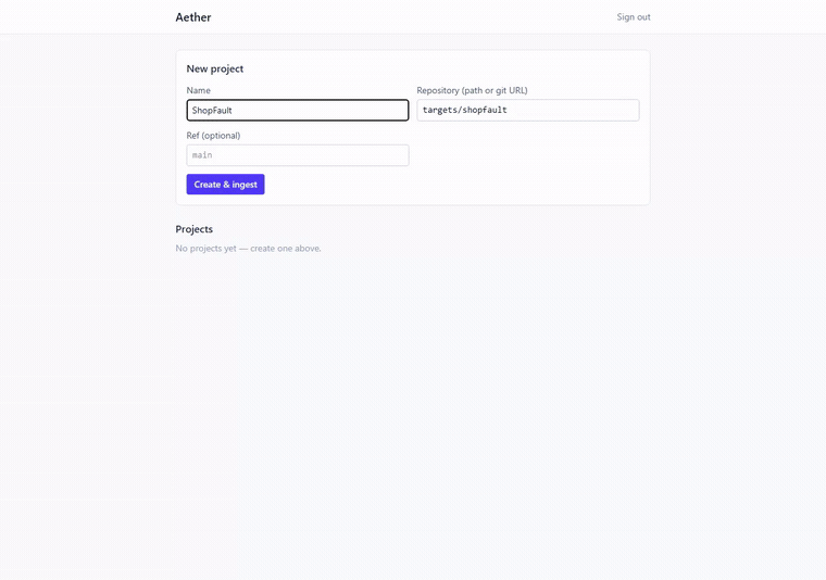 Aether ingesting a repository: the ingestion timeline fills in step by step over a live stream, then the finished project manifest appears.